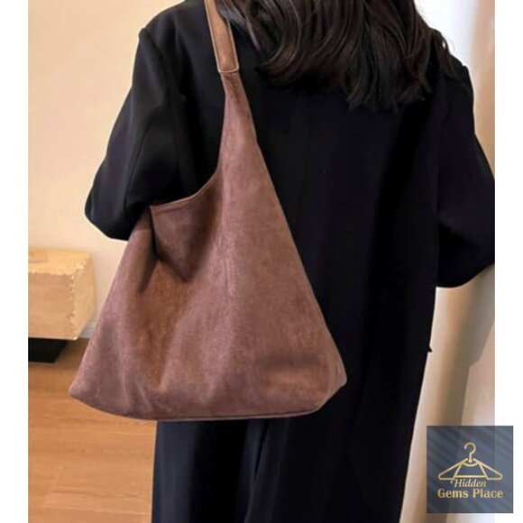 Large Slouchy Suede Hobo Tote Shoulder Bag with Top Handle - Picture 3 of 7